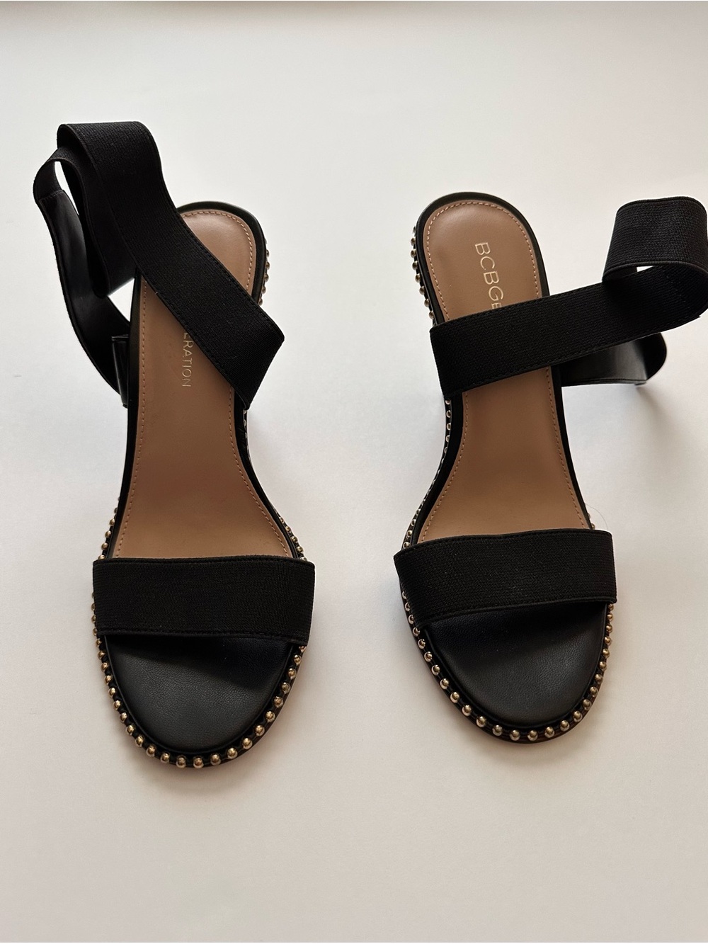 BCBGeneration Black Stud-Trim Elastic Strap Heels